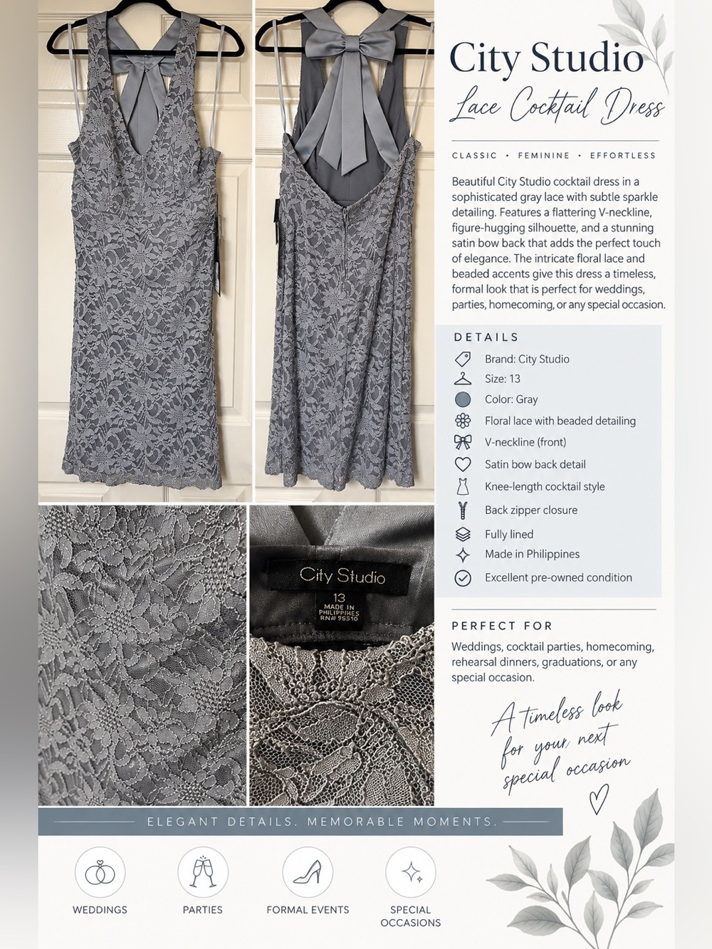 NWT City Studio Gray Glitter Lace Bow Back Cocktail Dress Size 13